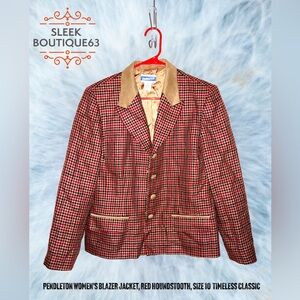 Pendleton Woman's Jacket Blazer  Size 10 - Red & Black Houndstooth Plaid - Wool
